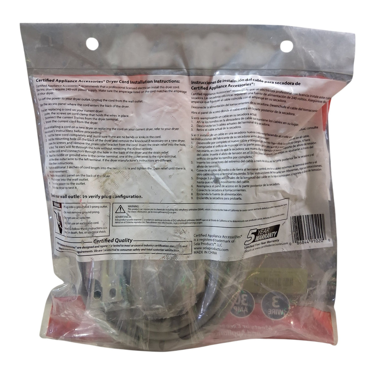 Certified Appliance Accessories 90-1020 3-Wire Closed-Eyelet 30-Amp Dryer Cord, 4ft - Image 2