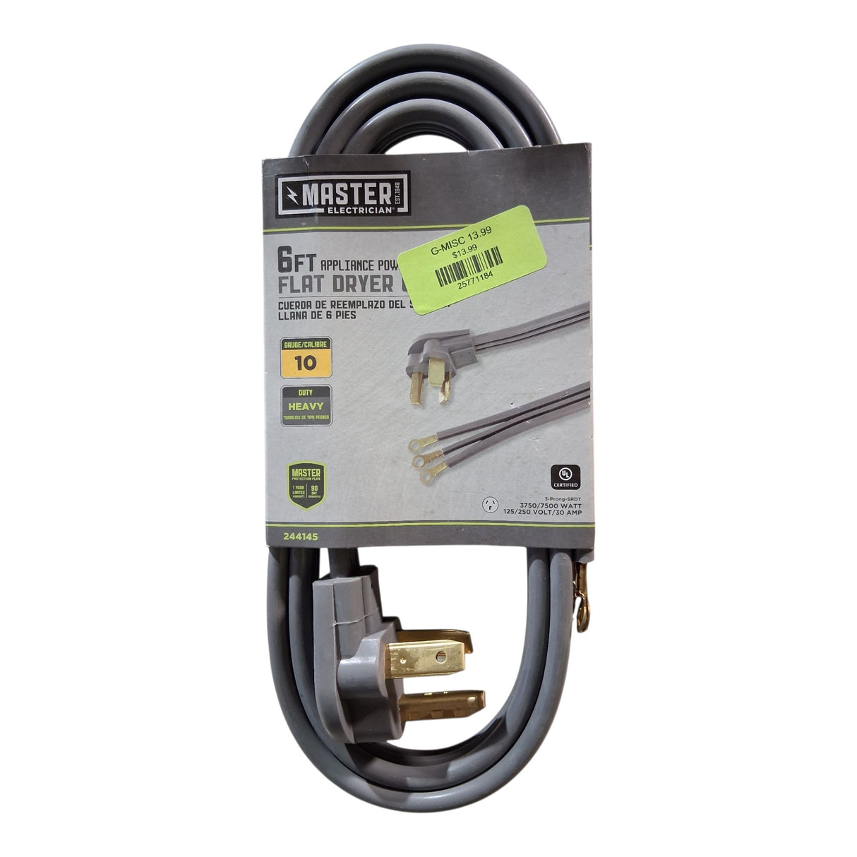 Master Electrician 09124ME 4 ft. Gray Flat Dryer Cord - Image 1