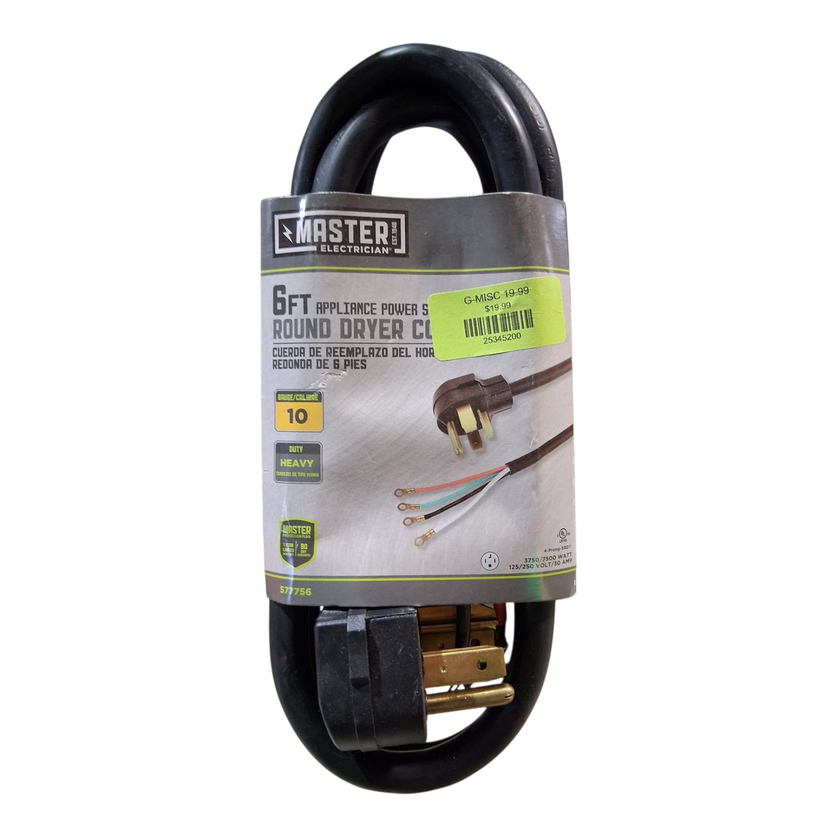 Master Electrician 09156ME 10-4 Black Dryer Cord - 6 ft. - Image 1