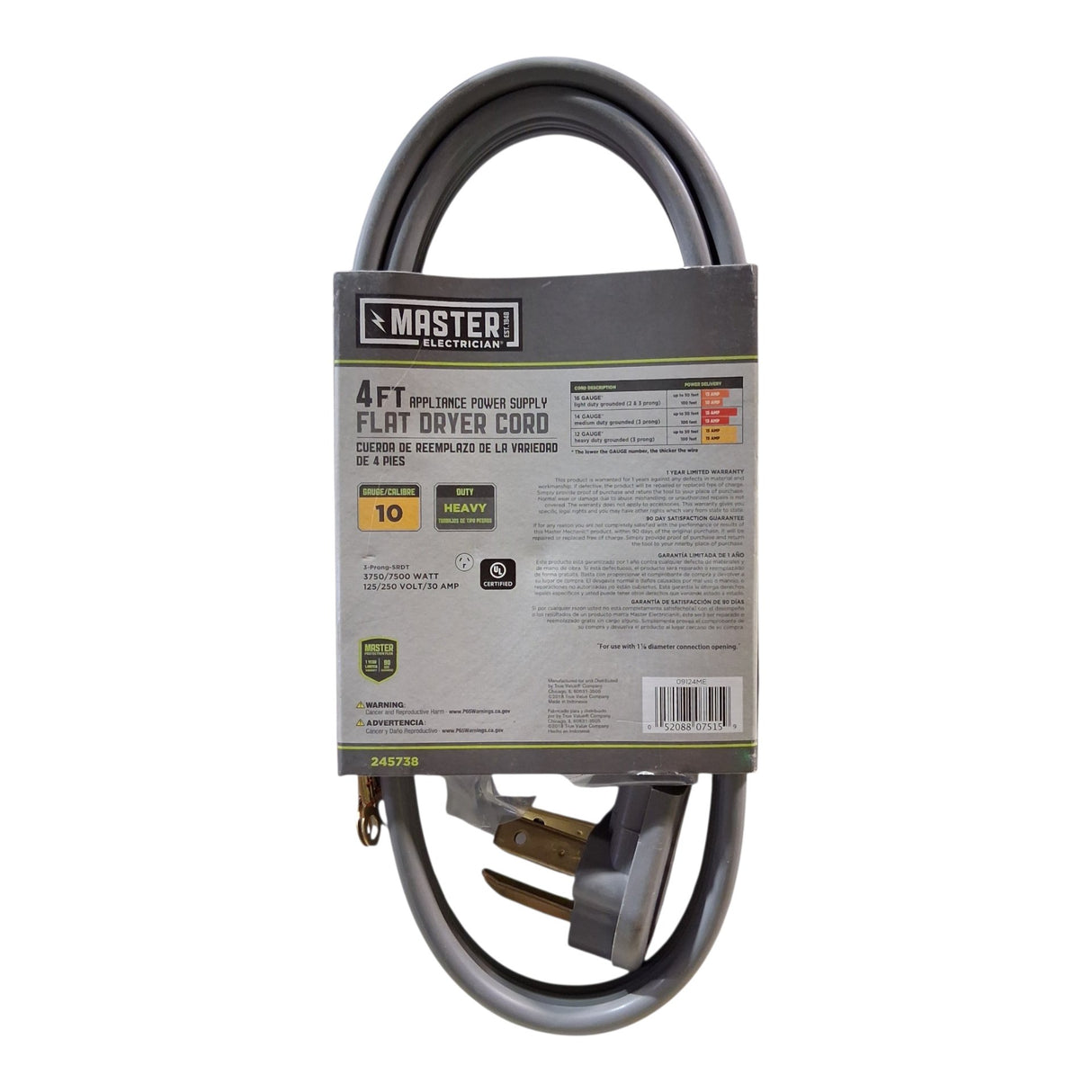 Master Electrician 09124ME 4 ft. Gray Flat Dryer Cord - Image 2