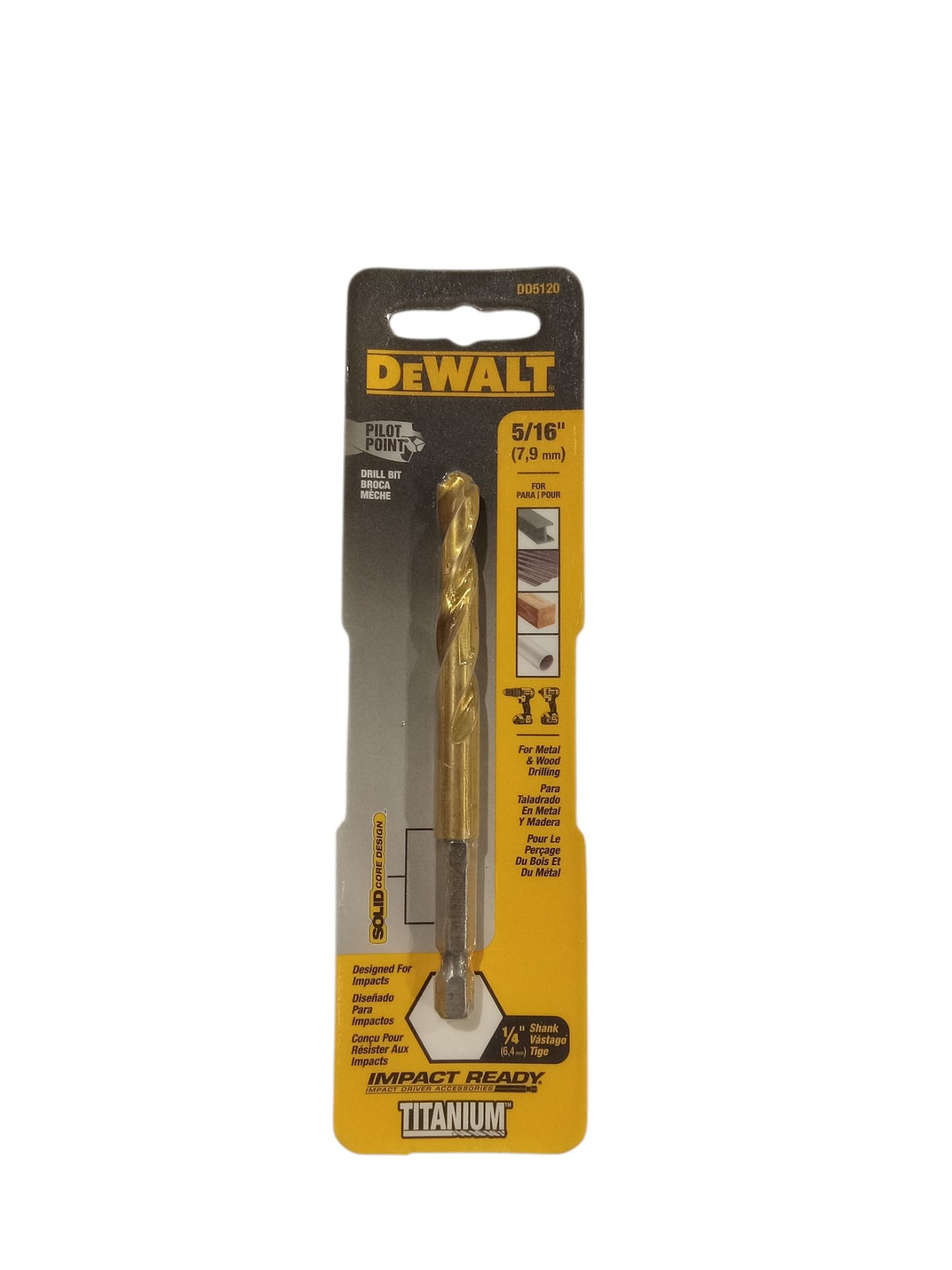 BLACK+DECKER DEWALT DD5120 Impact Drill Bit 5/16 in Dia 4 in OAL Spiral Flute 1/4 in Dia Shank Hex Shank Titanium - Image 1