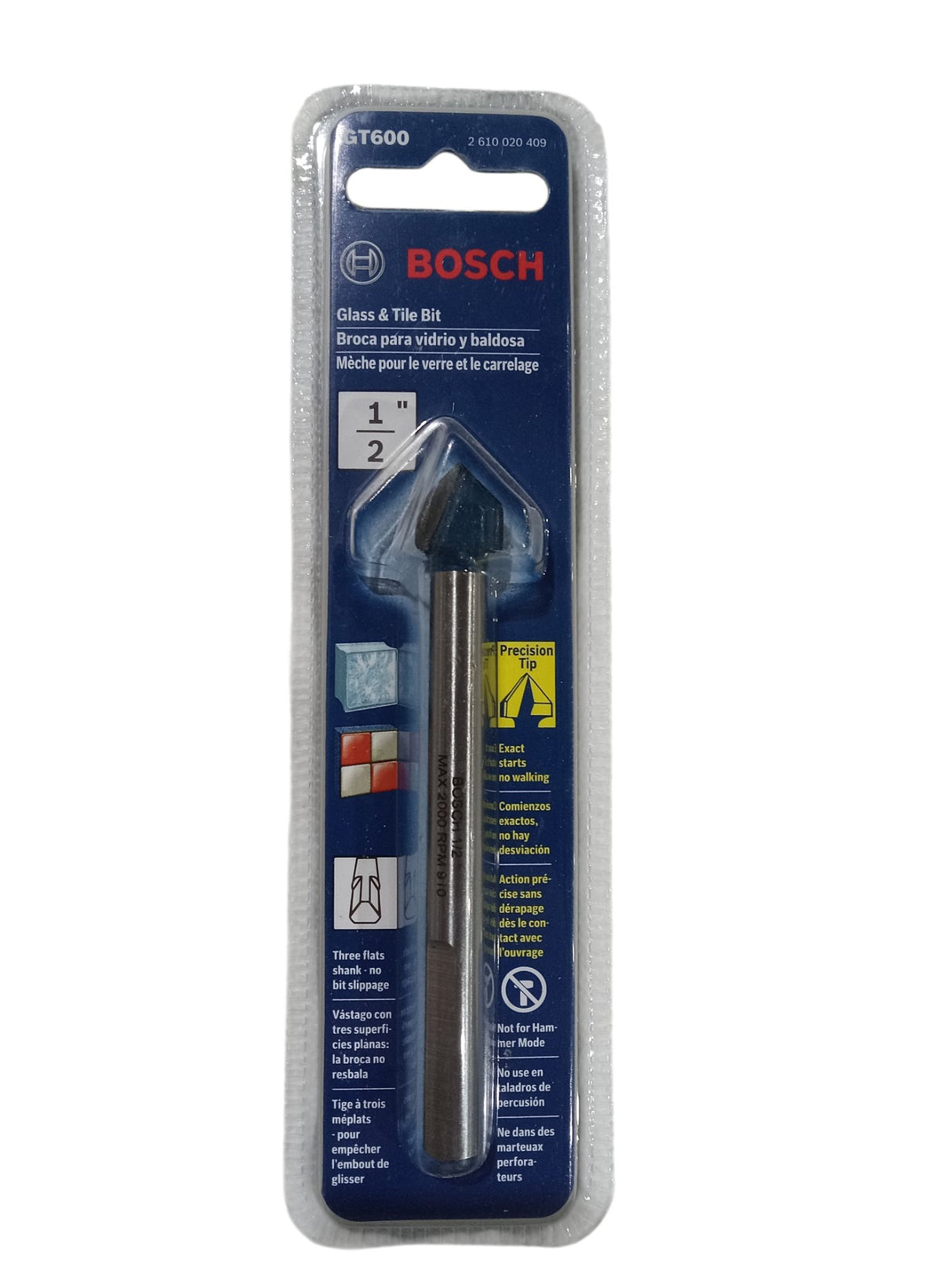 Bosch GT600 1/2inch Carbide Tipped Glass, Ceramic and Tile Drill Bit, Silver - Image 1