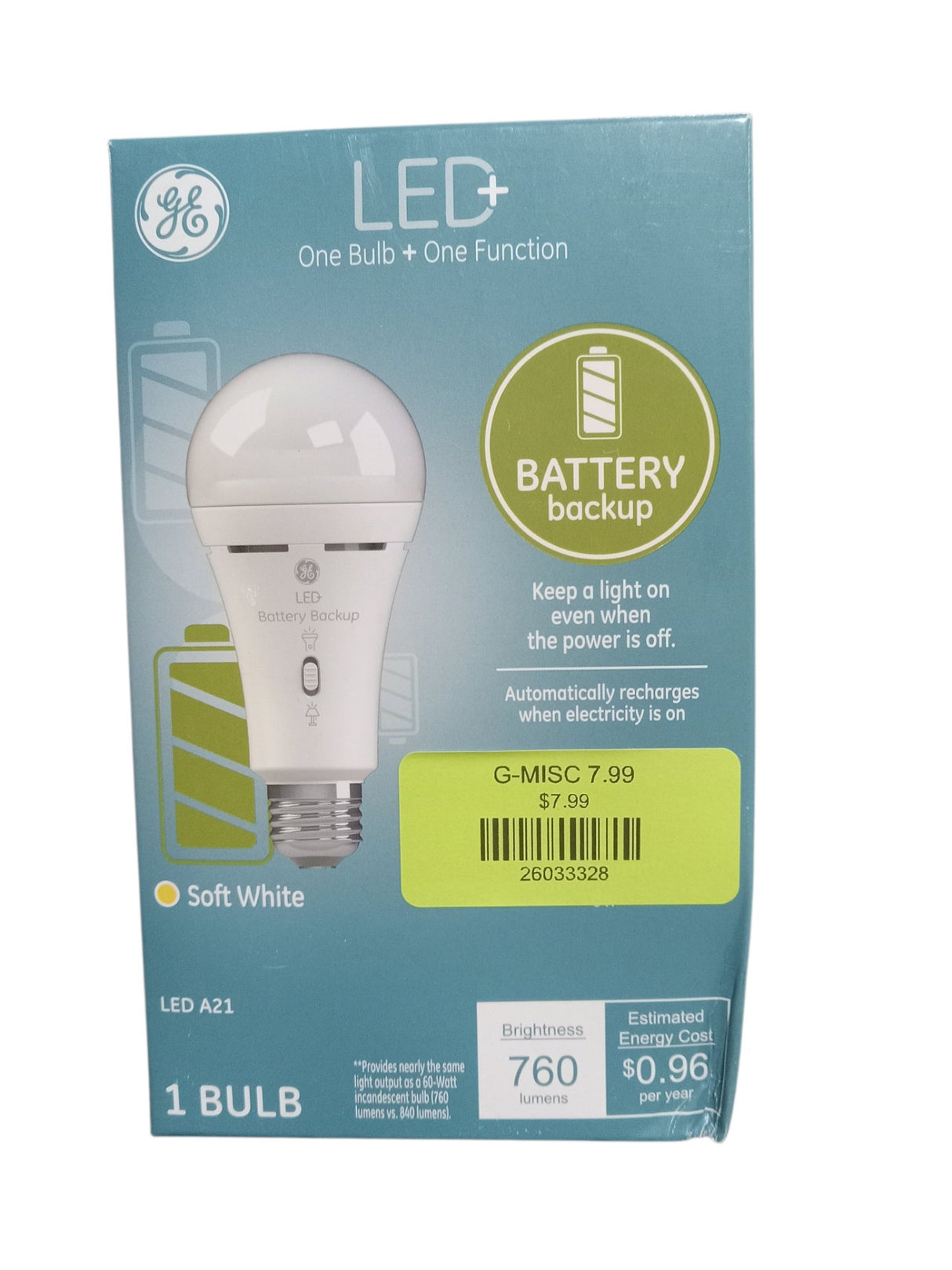 GE Lighting GE LED+ Backup Battery LED Light Bulb 60 Watt Soft White A21 Bulb Medium Base - Image 1
