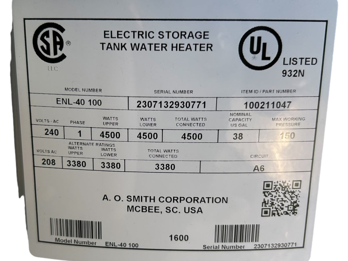 AO Smith, ENL40 100, ProLine, 38Gallon, Lowboy, Top Connect, Electric