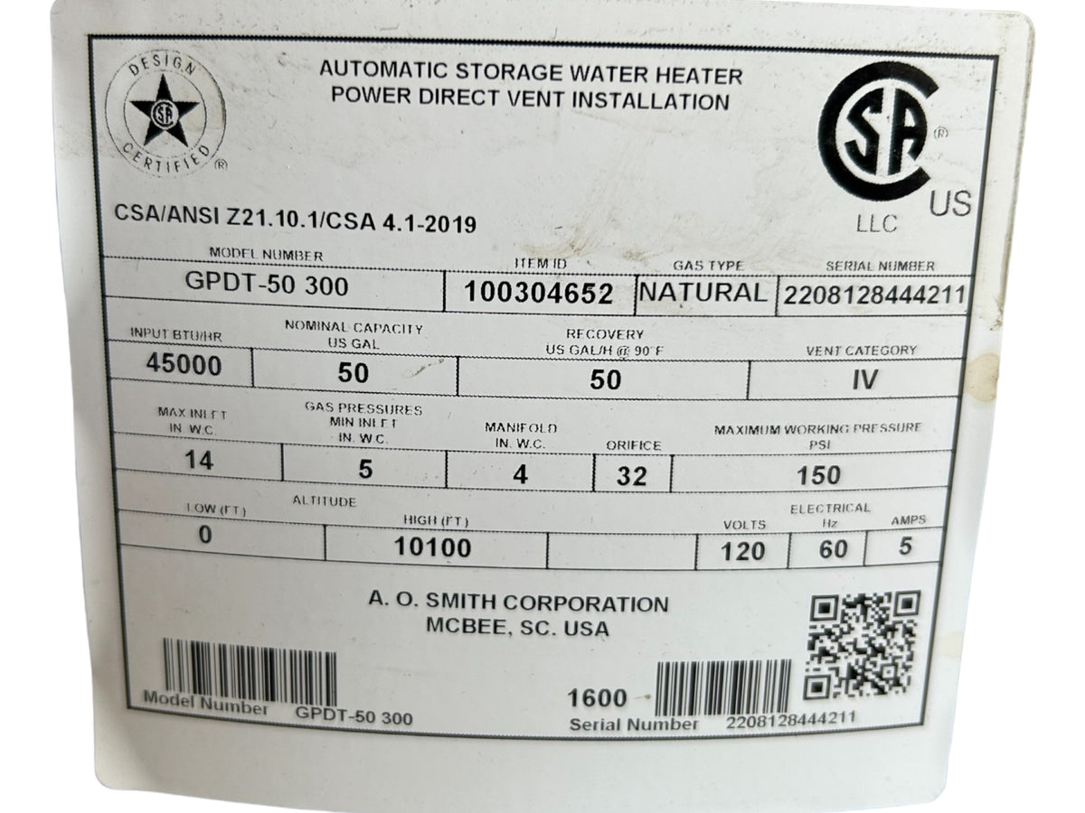 AO Smith, GPDT50 30, ProLine, XE, 50Gallon, Power Direct Vent