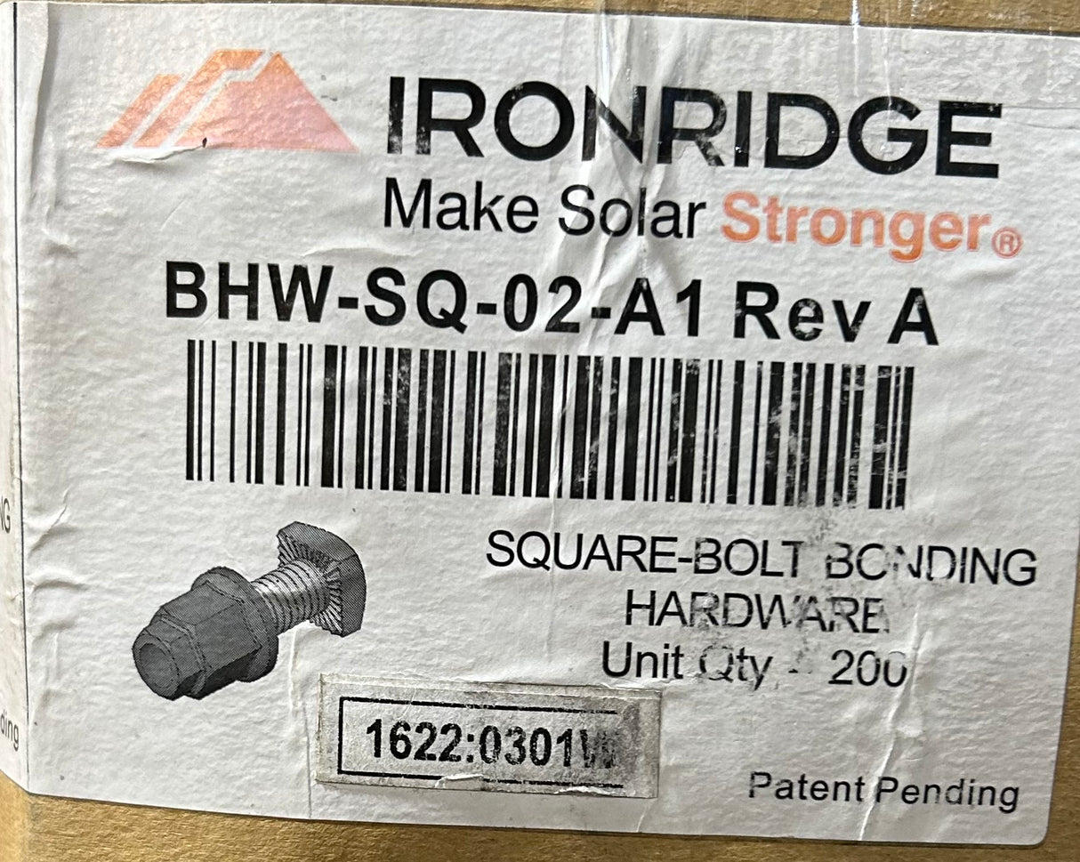 IronRidge BHW‑SQ‑02‑A1 — Bonding Hardware Square‑Bolt Set, Rev A (Box of 200) - Image 1