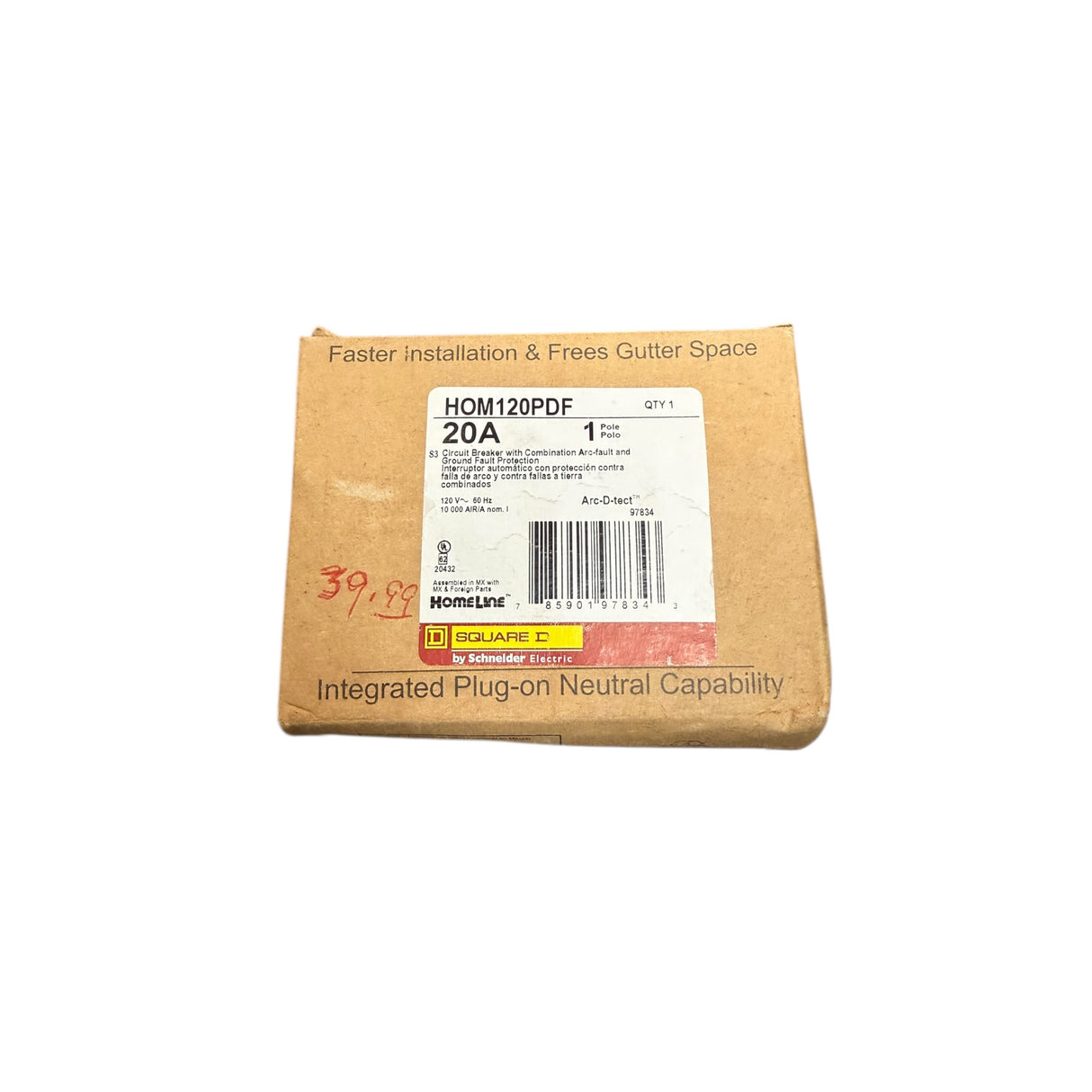 Square D by Schneider Electric HOM120PDFC Homeline Plug-On Neutral 20 Amp Single-Pole Dual Function (CAFCI and GFCI) Circuit Breaker, , - Image 1
