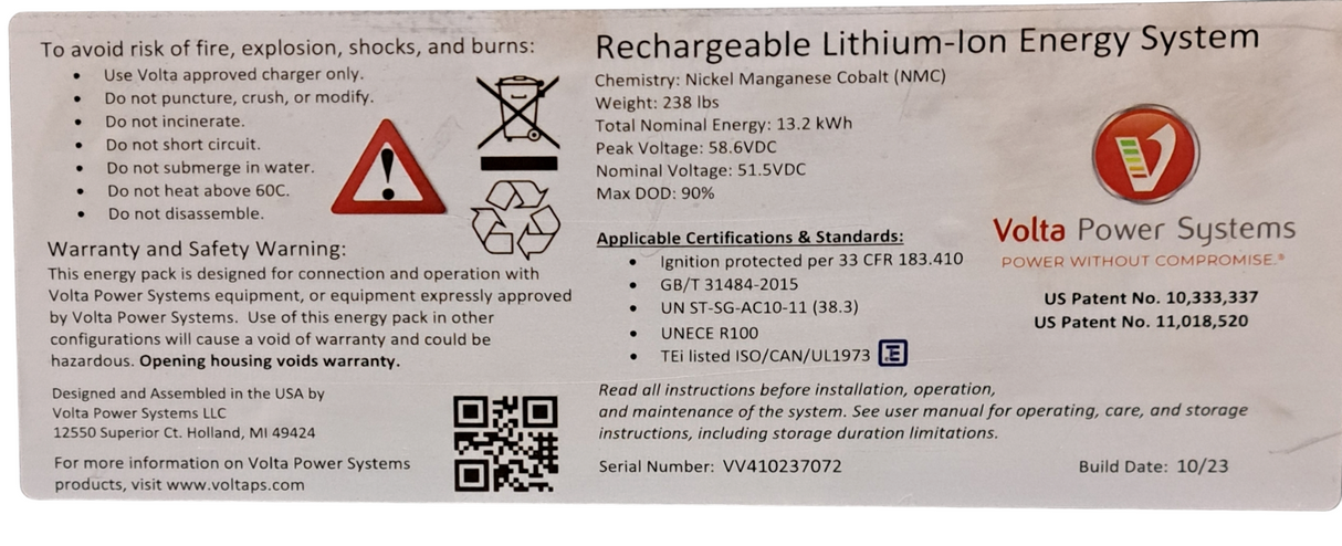 RV Rechargeable Lithium-Ion Energy System - Volta - 13.2KWH, 51.5VDC - Freeman Liquidators