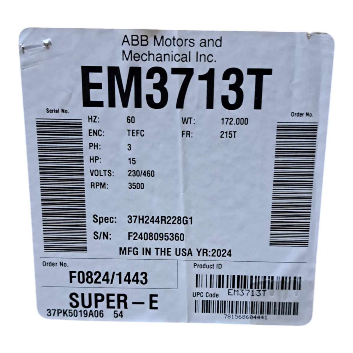 ABB, General Purpose Motor, 15HP, 3500RPM, 3PH, EM3713T - Freeman Liquidators