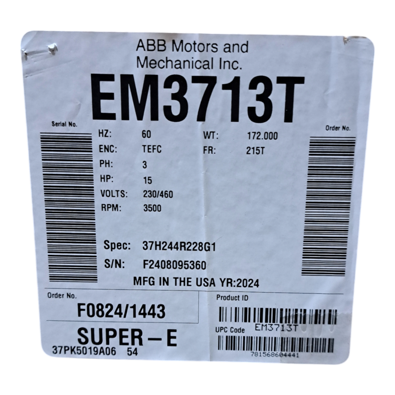 ABB, General Purpose Motor, 15HP, 3500RPM, 3PH, EM3713T - Freeman Liquidators