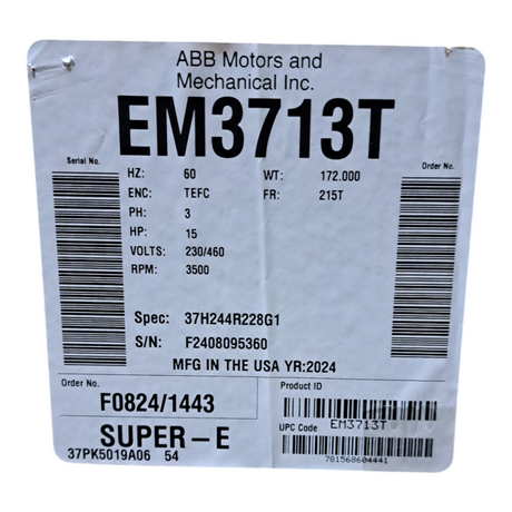ABB, General Purpose Motor, 15HP, 3500RPM, 3PH, EM3713T - Freeman Liquidators