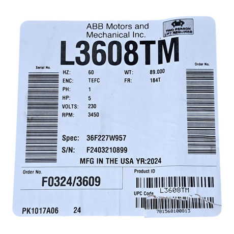 ABB, General Purpose Motor, 5HP, 3450RPM, 1PH, L3608TM - Freeman Liquidators