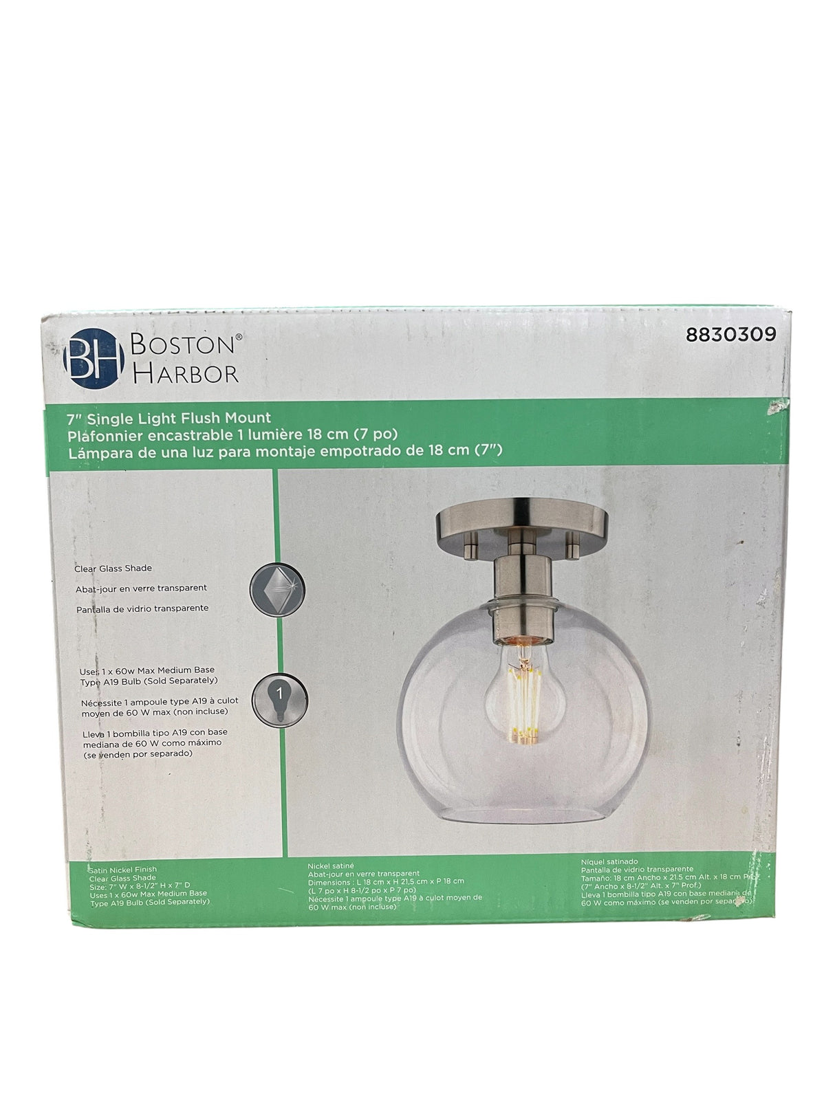 Boston Harbor, 8830309, 7”, Single Light, Flush Mount, Clear Glass Shade, Satin Nickel