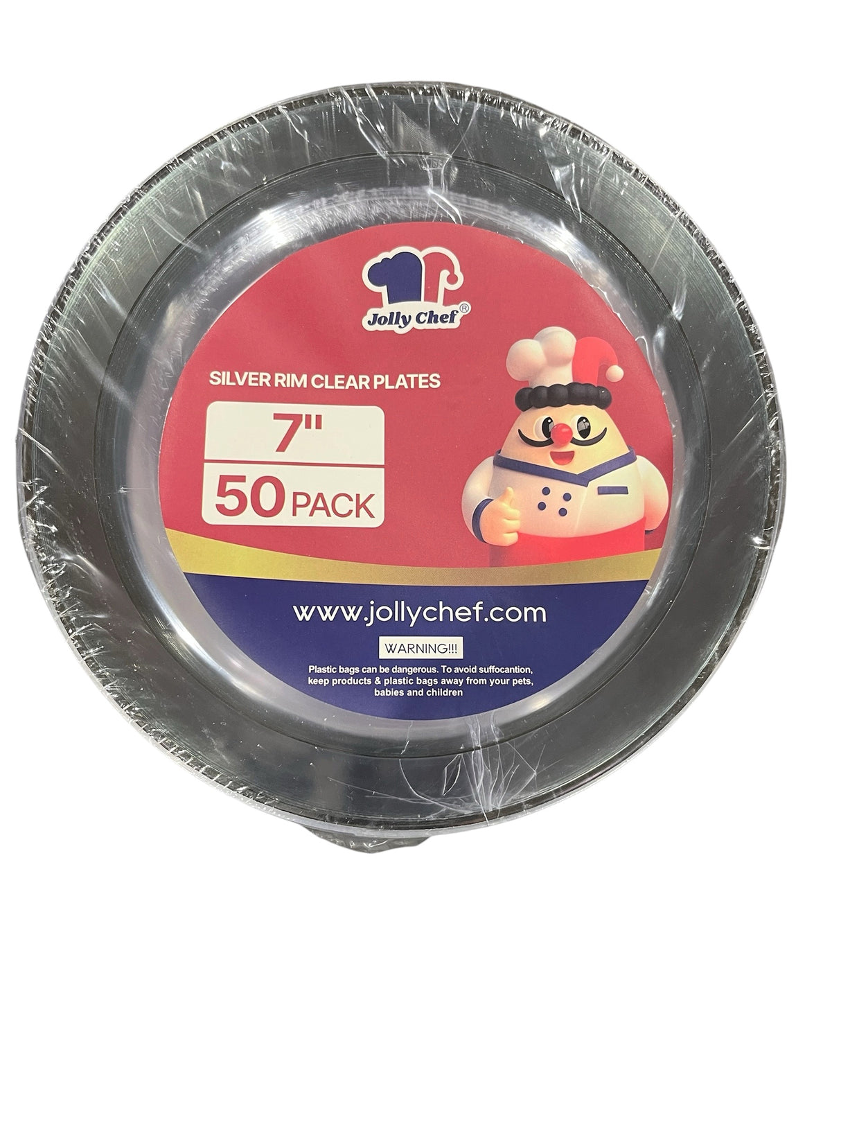 Jolly Chef, 7”, Silver Rim, Clear, Plastic Plates, 50pk