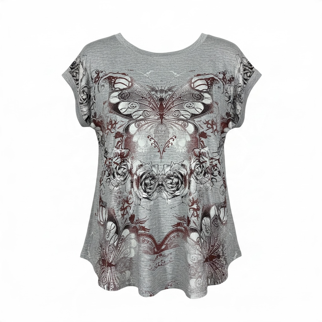 Tru Self, Women’s, Short Sleeve, Butterfly, Rose Shirt, Grey