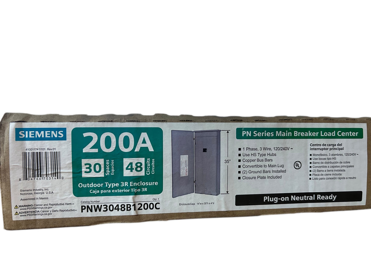 Siemens, PNW3048B1200C, PN Series, 200A, Outdoor Main Breaker, Load Center, 30‑Space, 48‑Circuit, Plug‑On Neutral, Copper Bus - Image 1