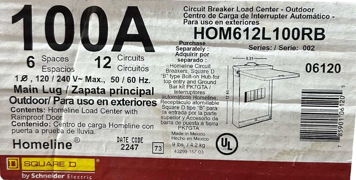 Schneider Electric, HOM612L100RB, Homeline, 100A, 6‑Space, 12‑Circuit, Outdoor Load Center, (120/240V, NEMA 3R) - Image 1