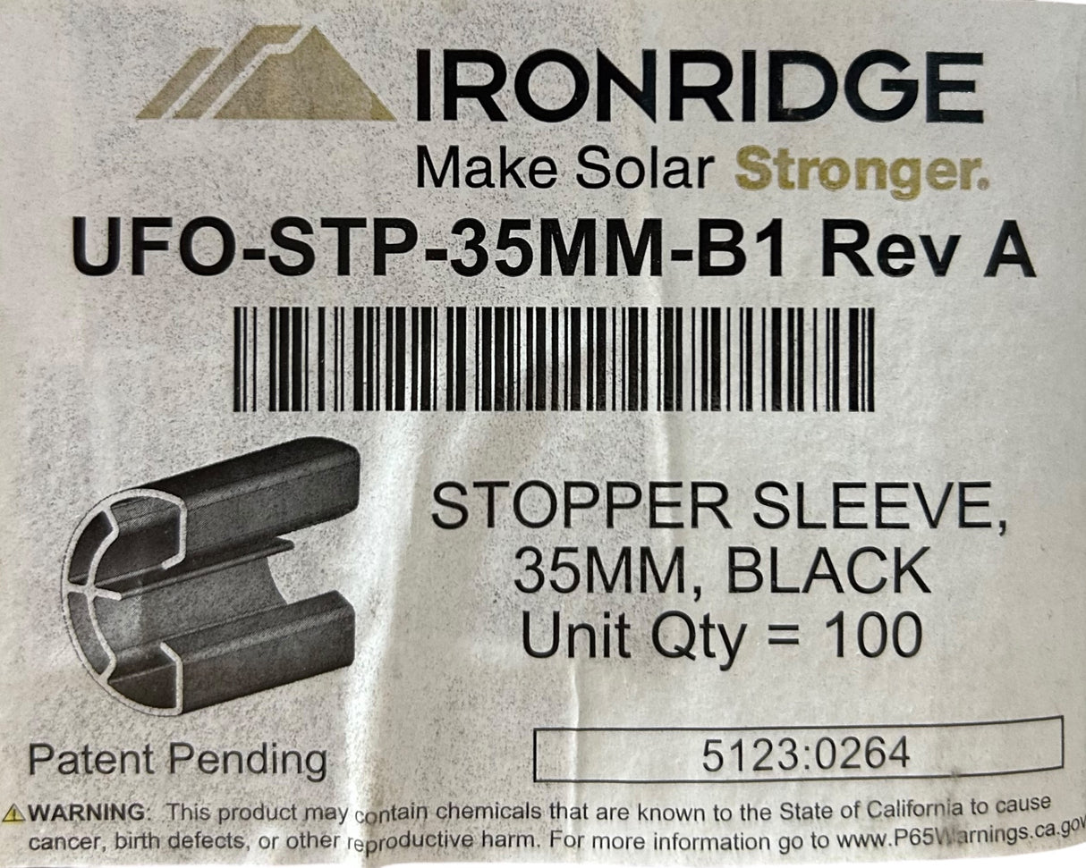 IronRidge UFO Stopper Sleeve — 35mm, Black (UFO‑STP‑35MM‑B1 Rev A, Pack of 125) - Image 1