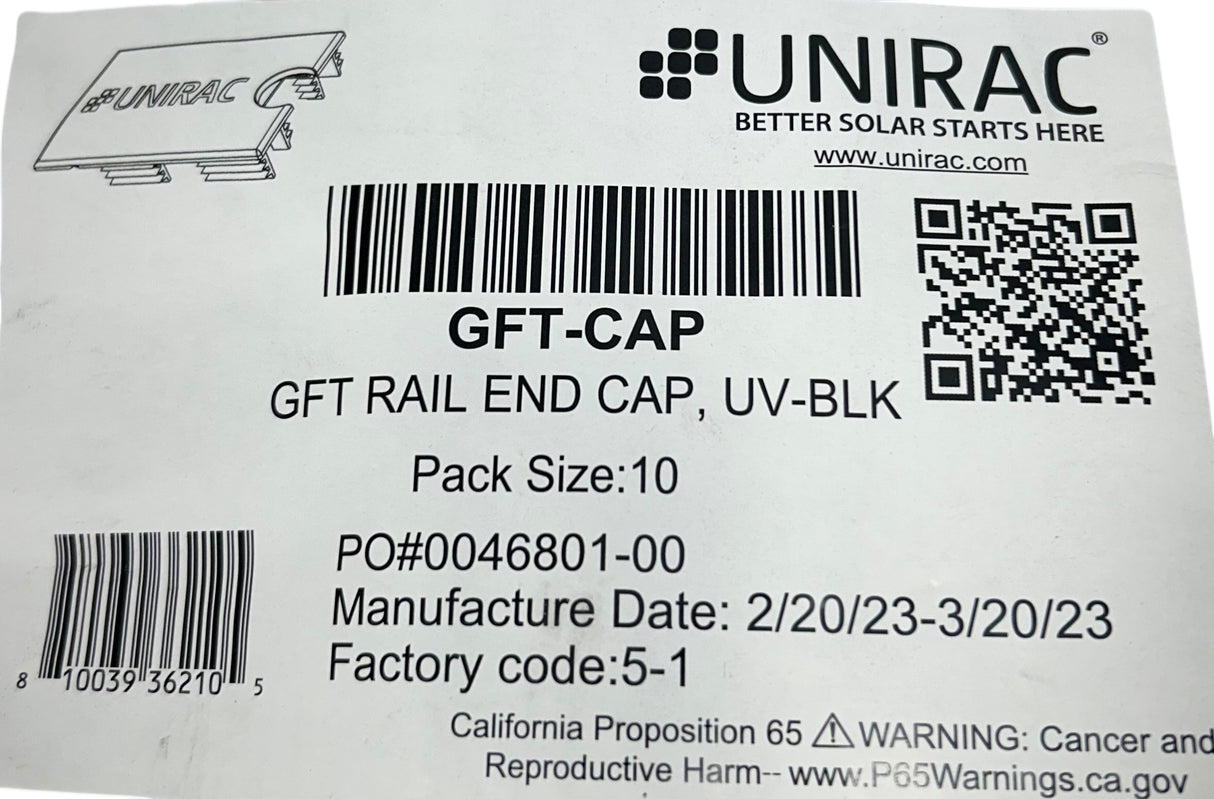 Unirac GFT‑CAP — Rail End Caps, Black (10‑Pack) - Image 1