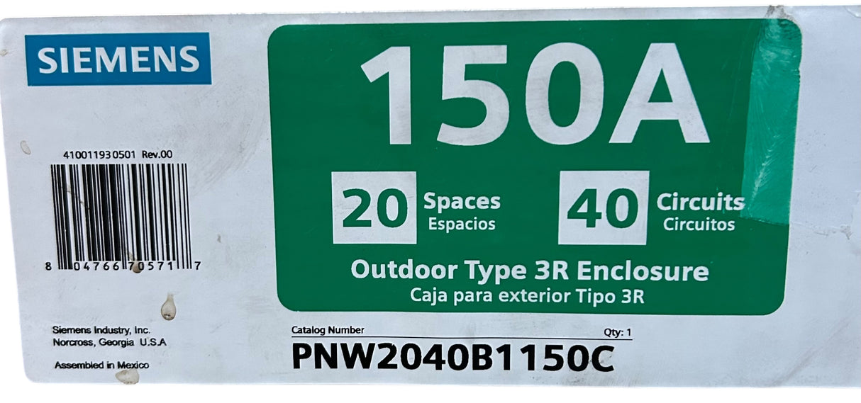 Siemens, PNW2040B1150C, 150A, Plug‑On Neutral Load Center, 20‑Space / 40‑Circuit, Outdoor, Copper Bus - Image 1