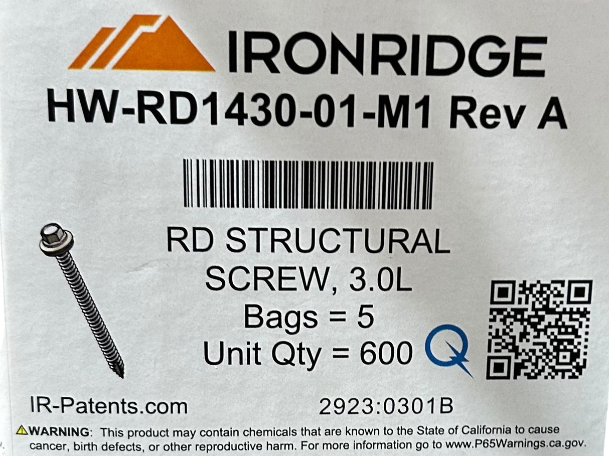 IronRidge HW‑RD1430‑01‑M1 — Structural Screw with Washer, Rev A (Bag of 120) - Image 1