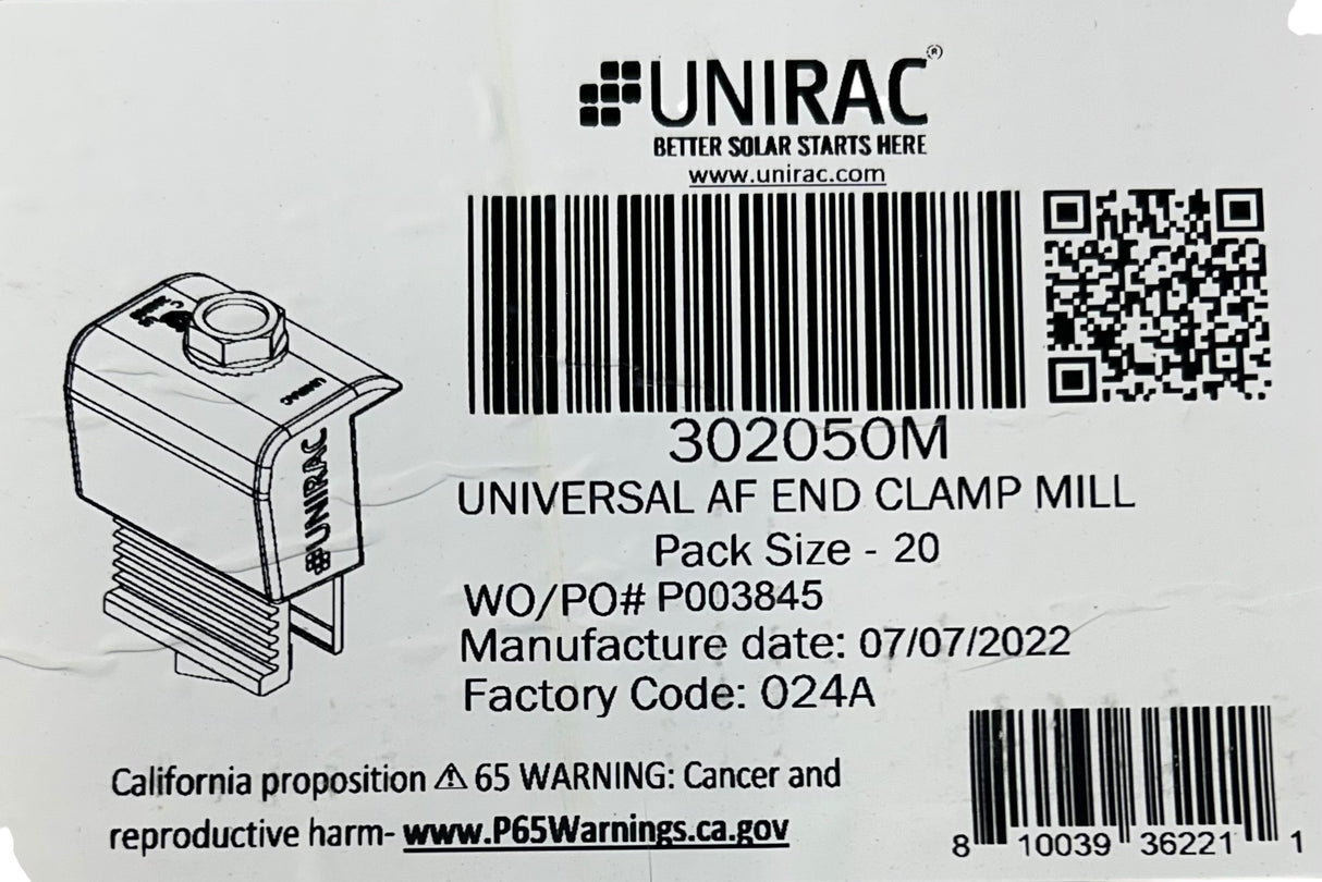Unirac 302050M — Universal AF End Clamp, Mill Finish (Box of 20) - Image 1