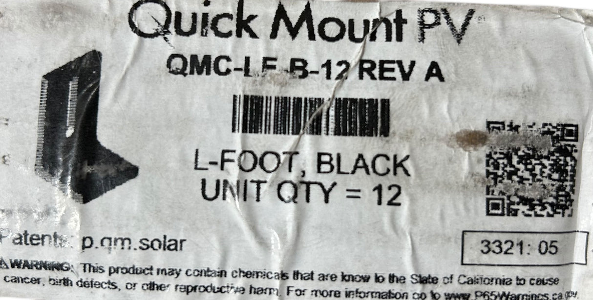 Quick Mount PV, QMC-LF-B-12, Single Slot, L-Foot, w/ Black Finish (12 units) - Image 1