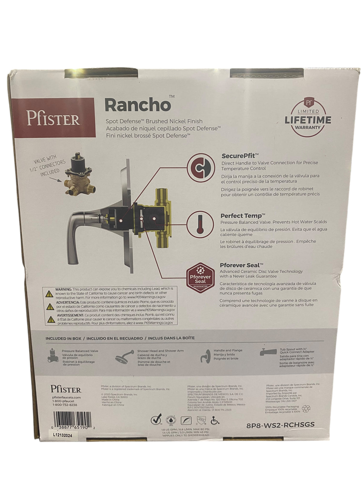 Pfister, Rancho, Model 8P8-WS2-RCHSGS, 1 Handle, Tub, Shower, Trim, Valve, Spot Defense, Brushed Nickel - Freeman Liquidators