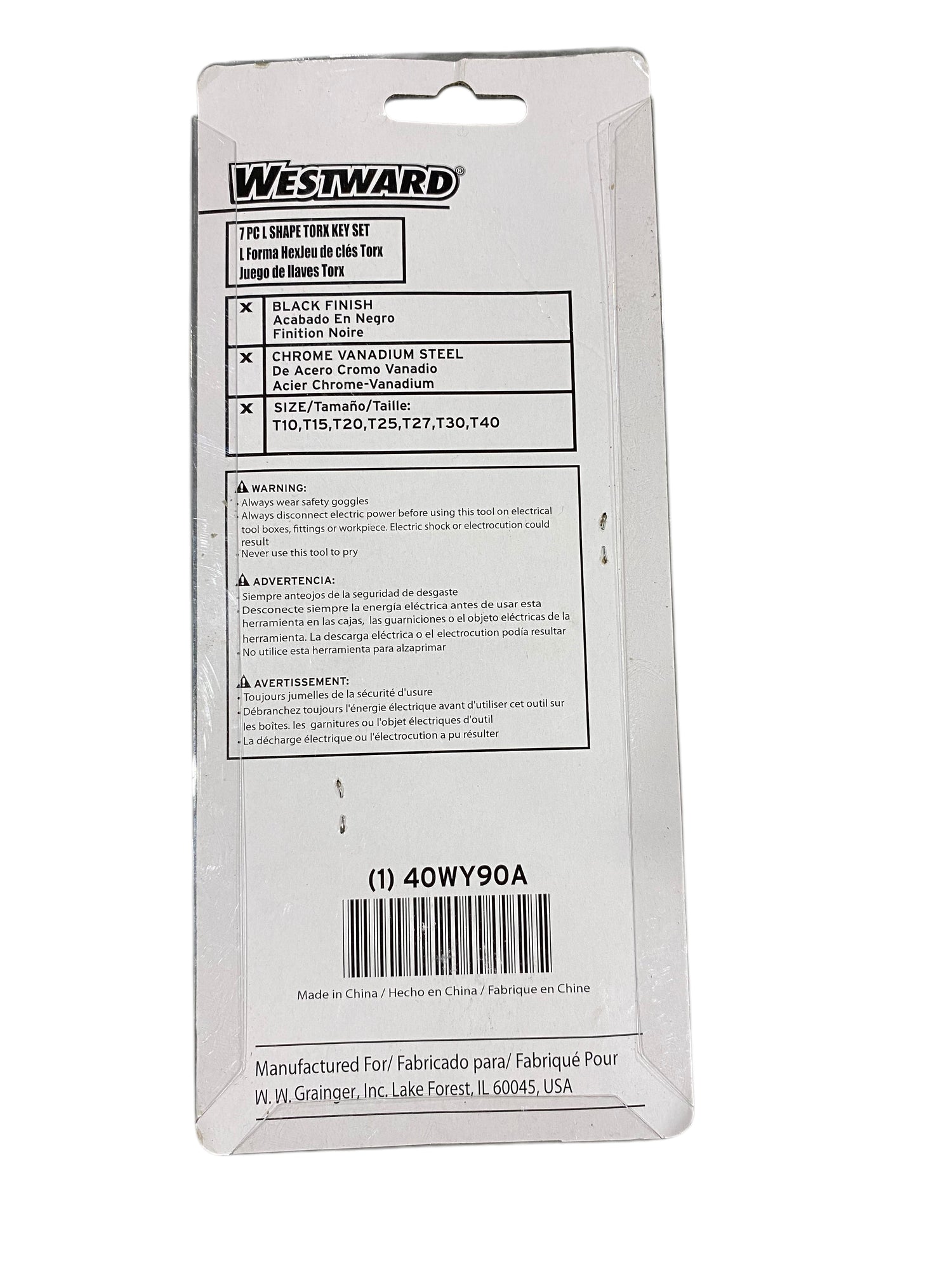 WESTWARD, Torx, Key, Set, Long, 40WY90, 7 Pieces, T10/T15/T20/T25/T27/T30/T40 Tip Size, Plastic Holder, 2 Tips - Freeman Liquidators