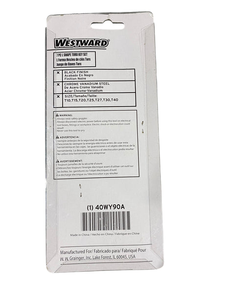 WESTWARD, Torx, Key, Set, Long, 40WY90, 7 Pieces, T10/T15/T20/T25/T27/T30/T40 Tip Size, Plastic Holder, 2 Tips - Freeman Liquidators