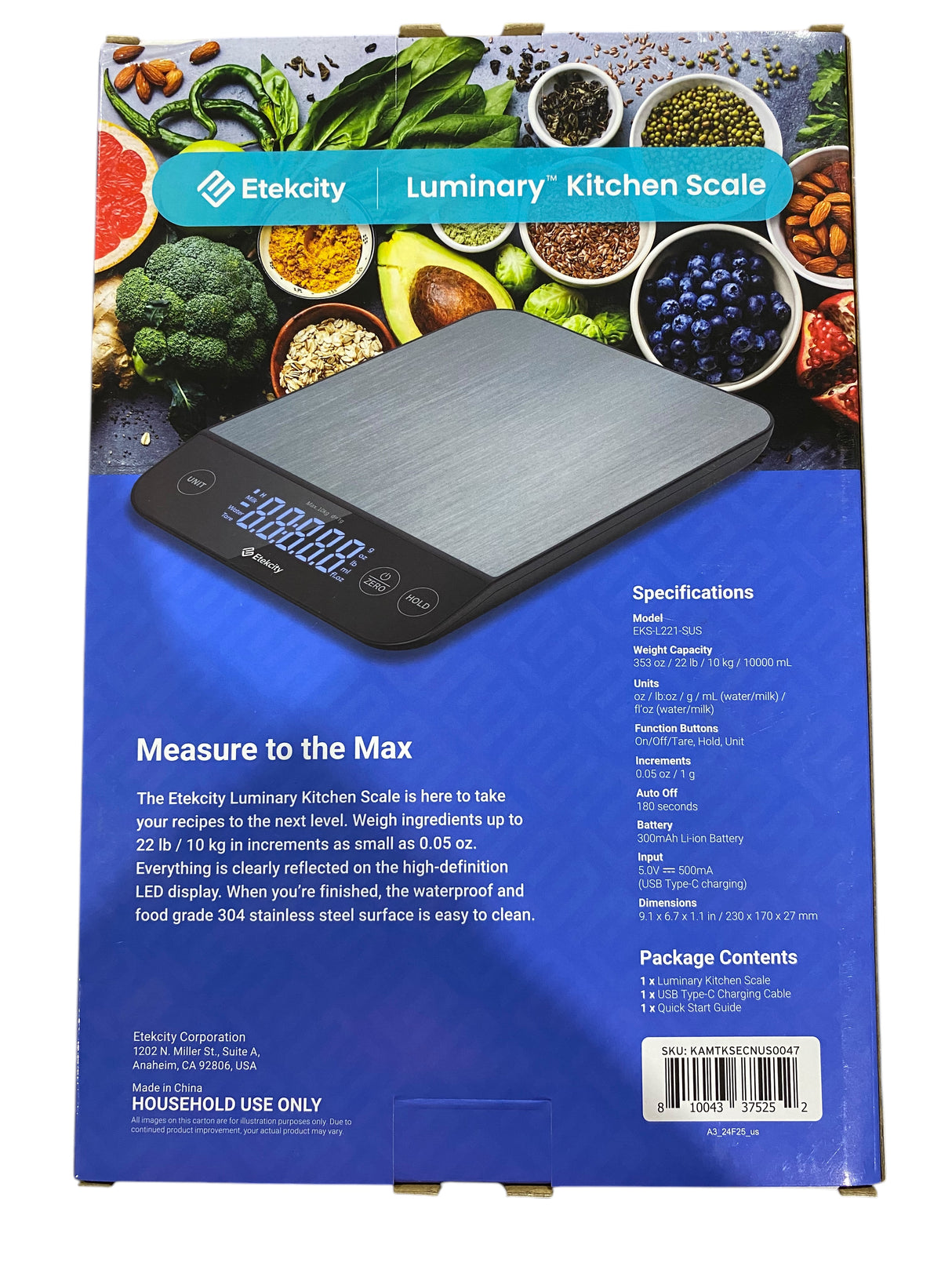 Etekcity, Kitchen, Scale, 22lb, Digital Weight, Waterproof, Rechargeable, Stainless Steel - Freeman Liquidators