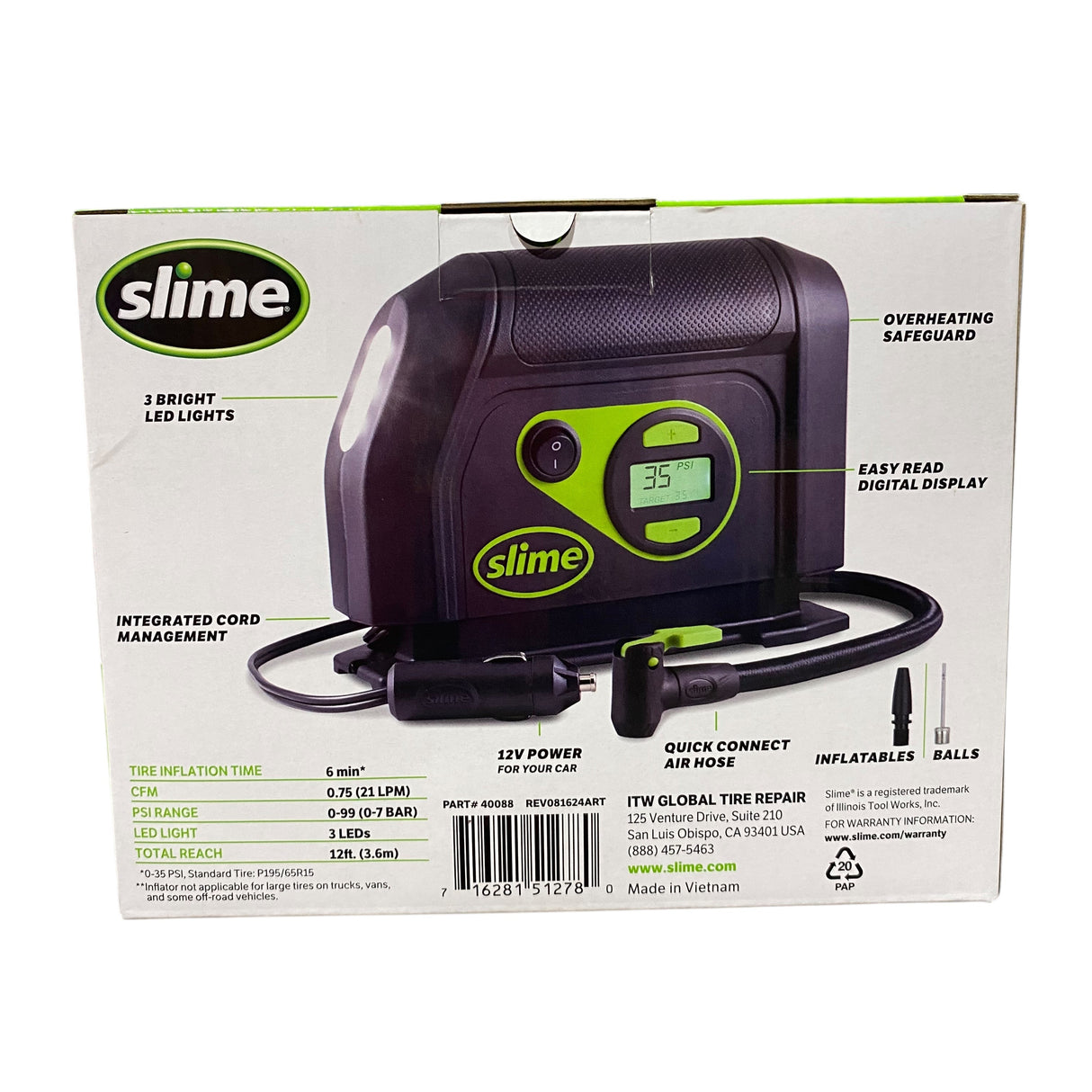 Slime air compressor packaging with product details on a white background