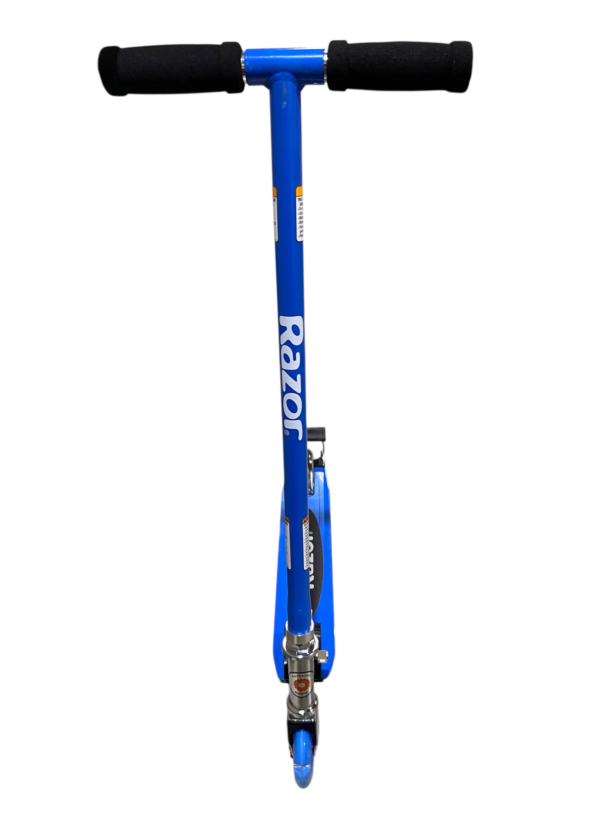 Blue scooter with black handles on a white background