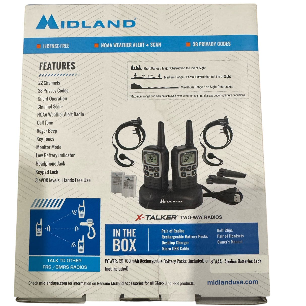 Midland two-way radio packaging with features listed on a white background