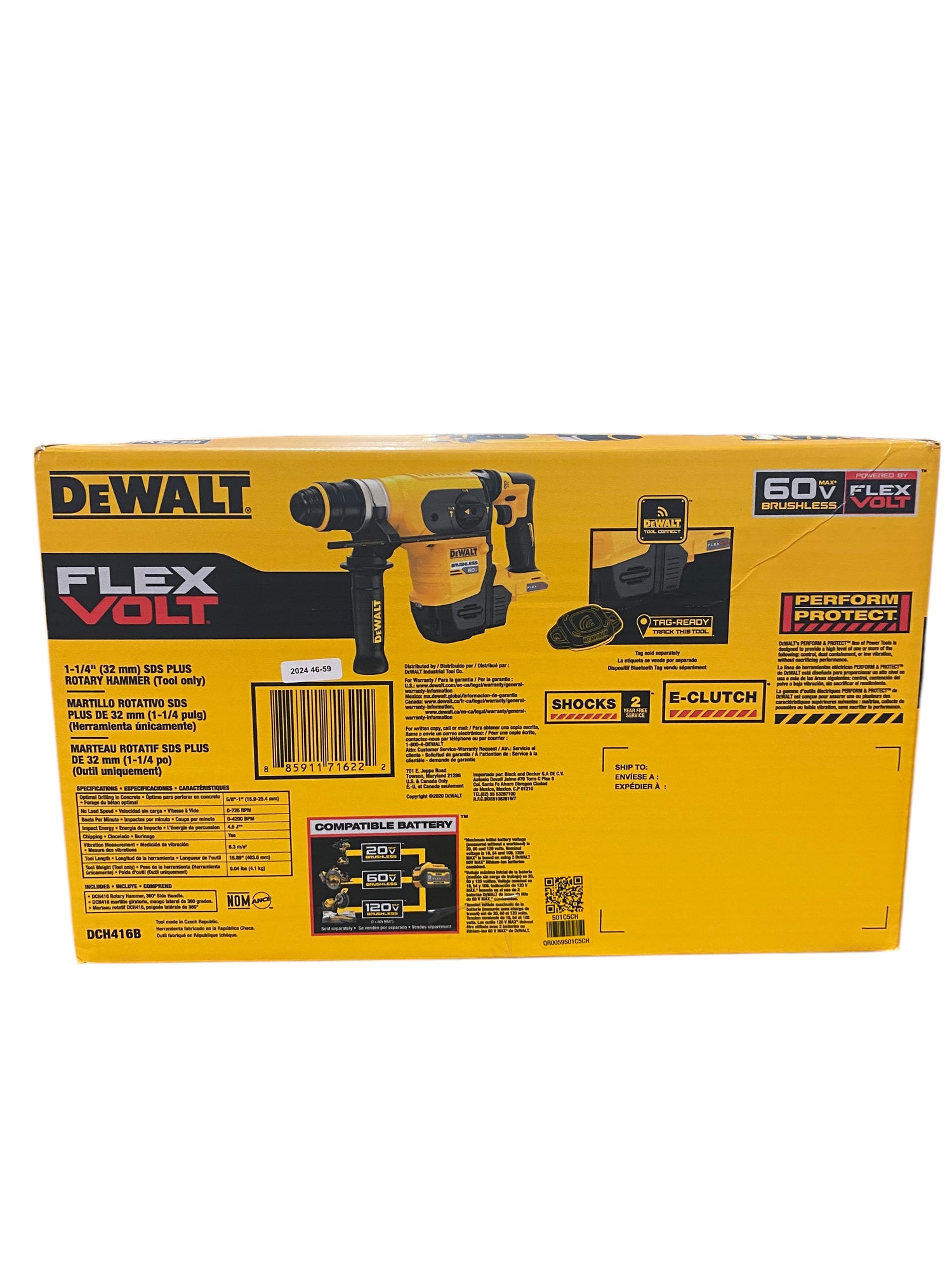 DeWalt, 60V MAX, 1-1/4 in., Brushless, Cordless, SDS, PLUS, Rotary, Hammer, Tool Only - Freeman Liquidators