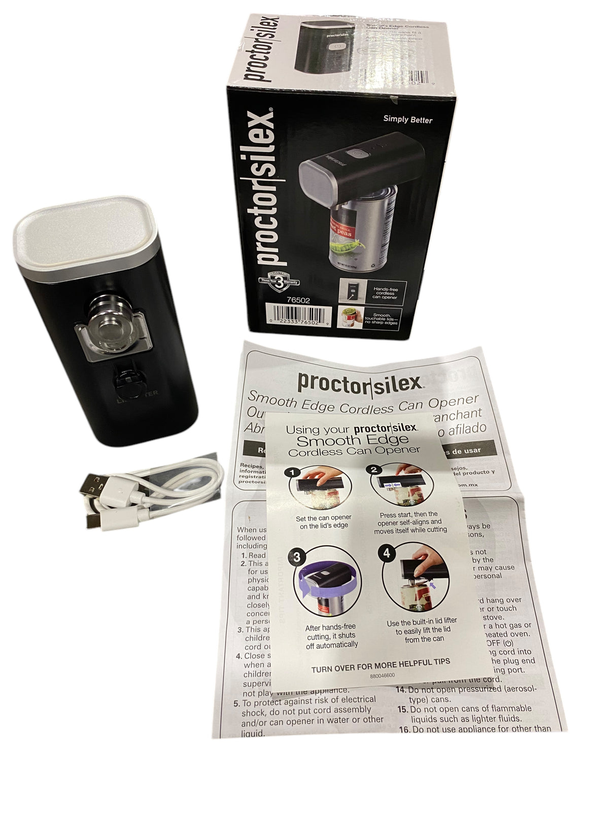 Proctor Silex, Automatic, Electric, Can, Opener, Hands Free, Cordless, USB Rechargeable, Black - Freeman Liquidators