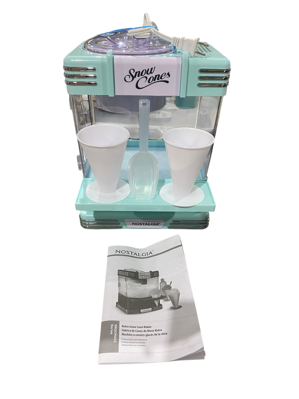 Nostalgia, Tabletop, Snow, Cone, Maker, 2 Reusable Cones, Ice Scoop, Aqua - Freeman Liquidators