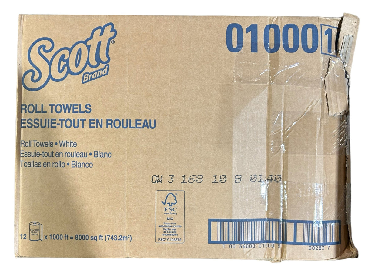 Scott Brand, 01000, Roll Towels, White, 8 in Roll Wd, 1,000 ft Roll Lg, Continuous Sheet Lg, Hardwound, 12 PK - FreemanLiquidators - [product_description]