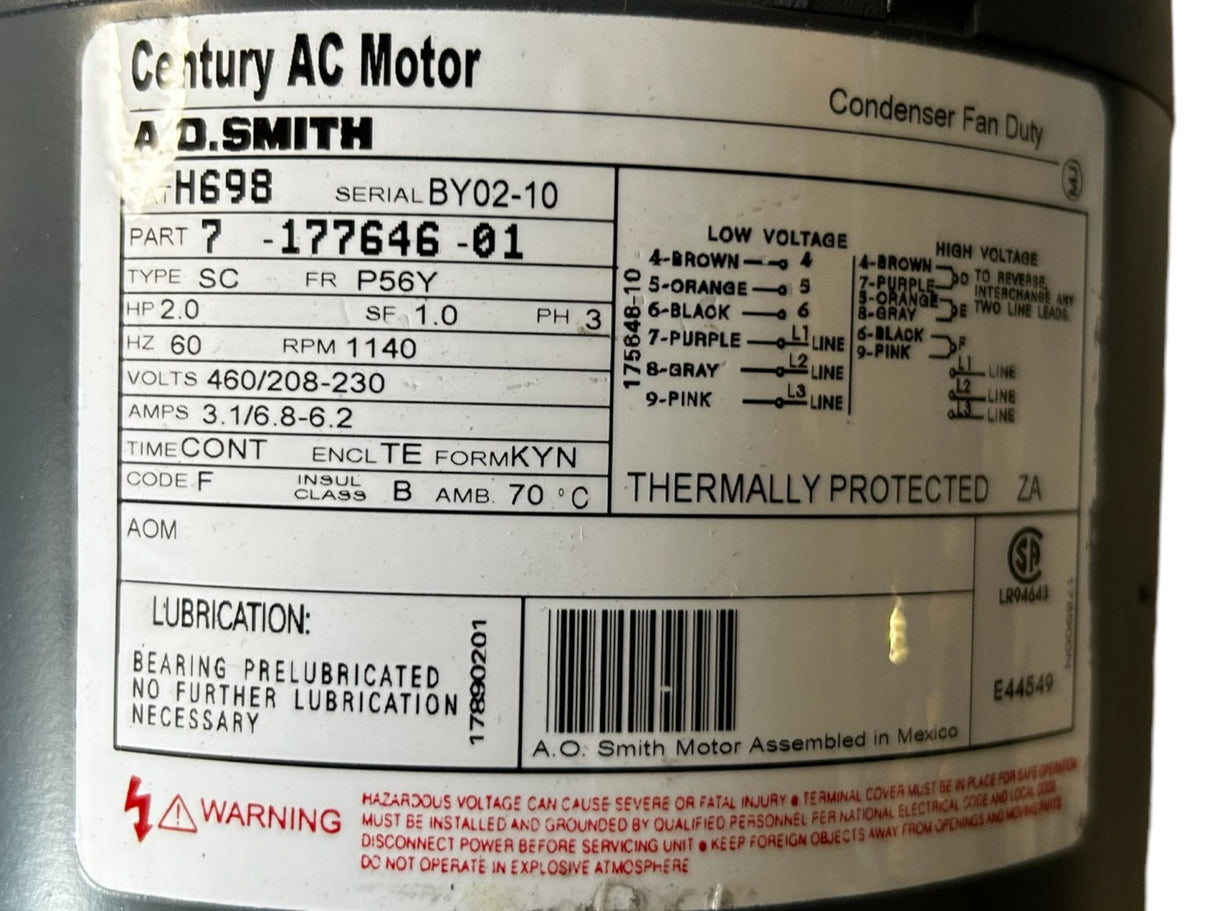 A.O. SMITH, CENTURY A.C. MOTOR, 7-177646-01, McQuay, 073018701, 2.0HP, Motor - NEW IN BOX - FreemanLiquidators - [product_description]