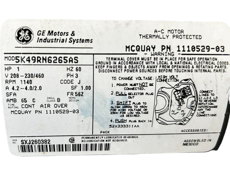 GE MOTORS, 5K49RN2625AS, MCQUAY, 1110529-03, 1HP, MOTOR - NEW IN BOX - FreemanLiquidators - [product_description]