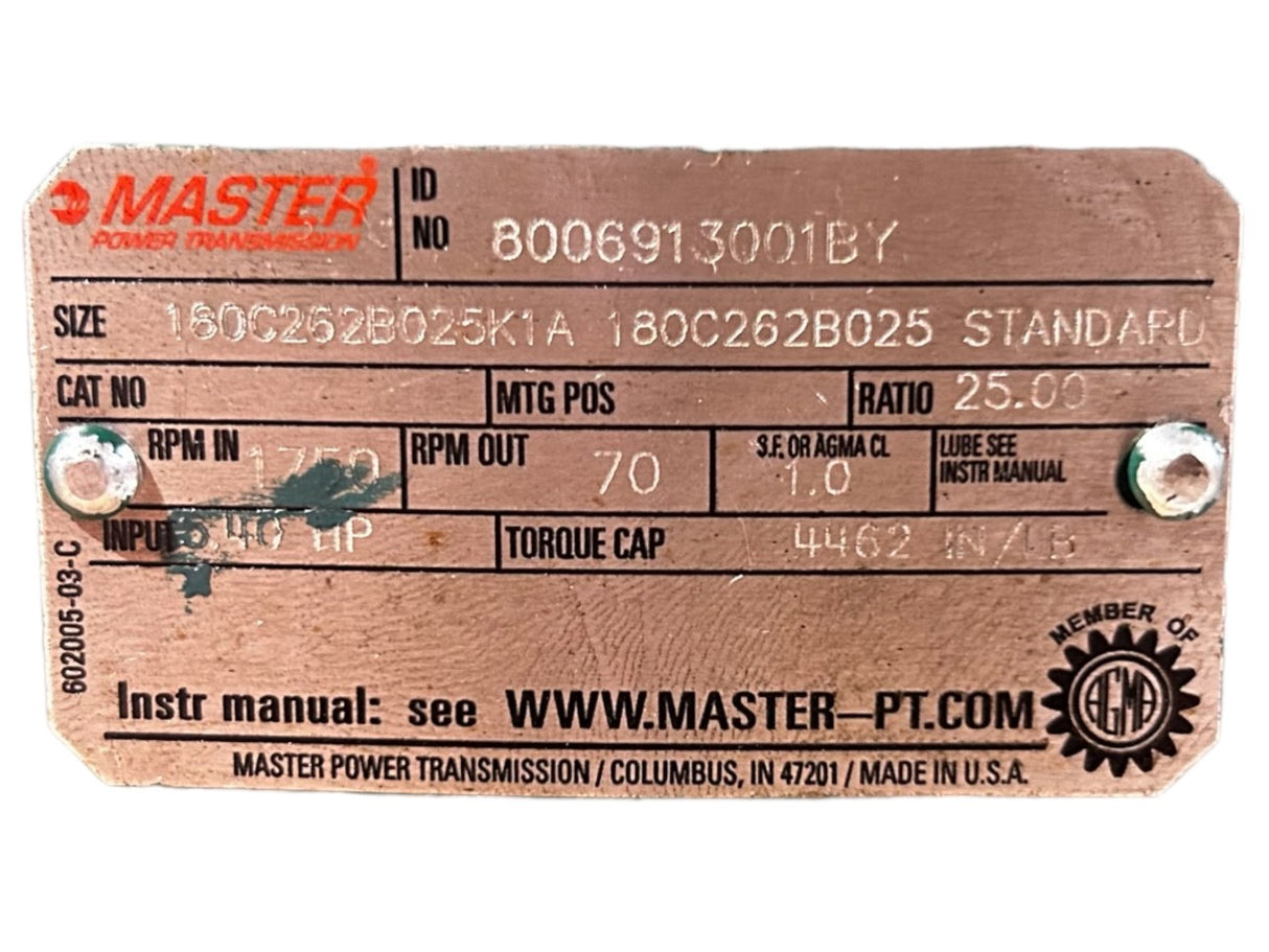 Master Power Transmission, 180C262B025K1A, Right Angle Reducer- NEW NO BOX - FreemanLiquidators - [product_description]