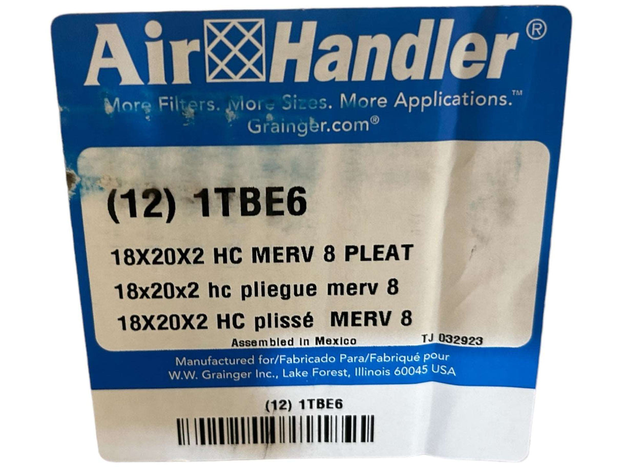 Air Handler, 1TBE6, 18x20x2 Synthetic Pleated Air Filter, MERV 8, PACK OF 12 - FreemanLiquidators - [product_description]