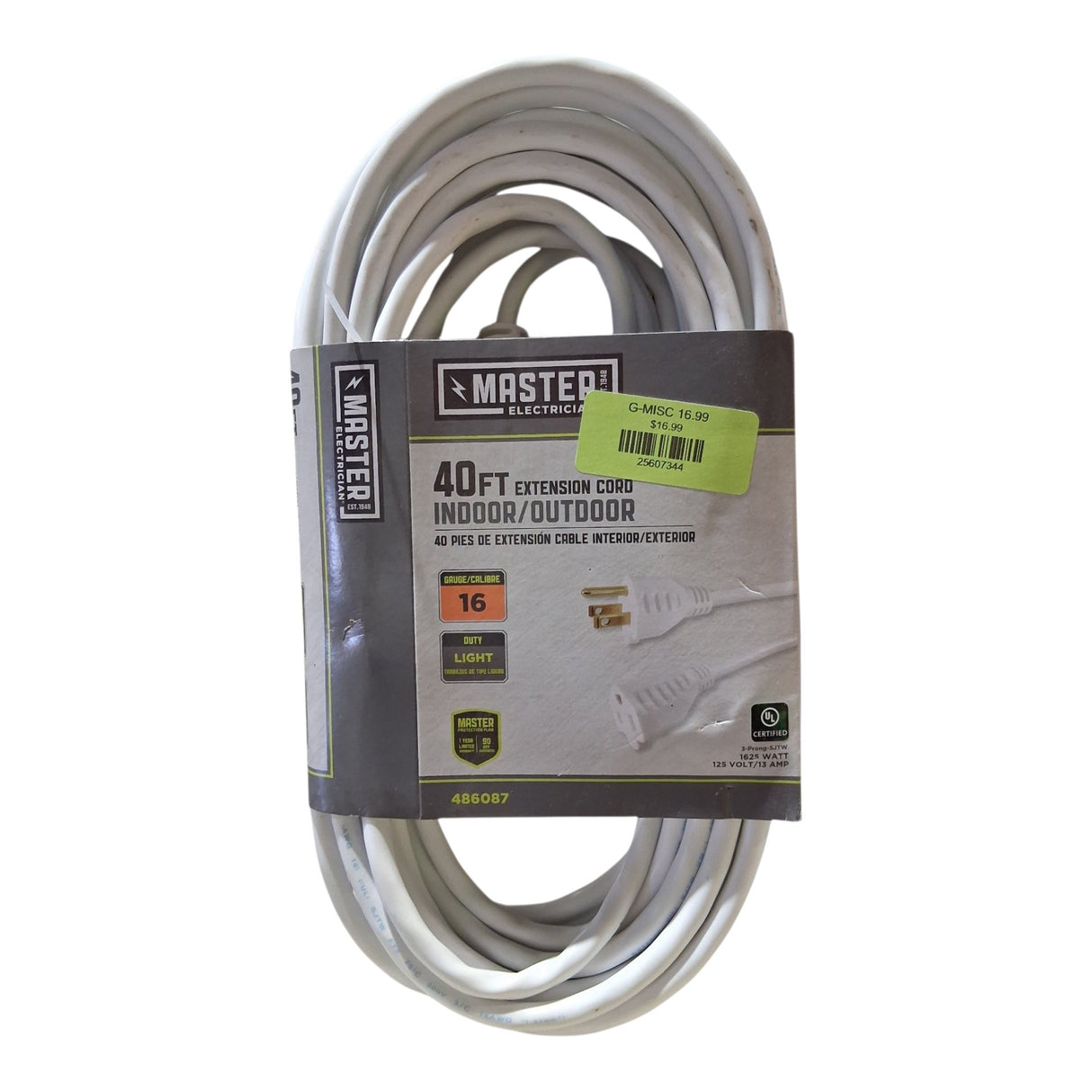 Master Electrician 02356-01ME 40 ft. White Round Vinyl Outdoor Extension Cord - Image 1