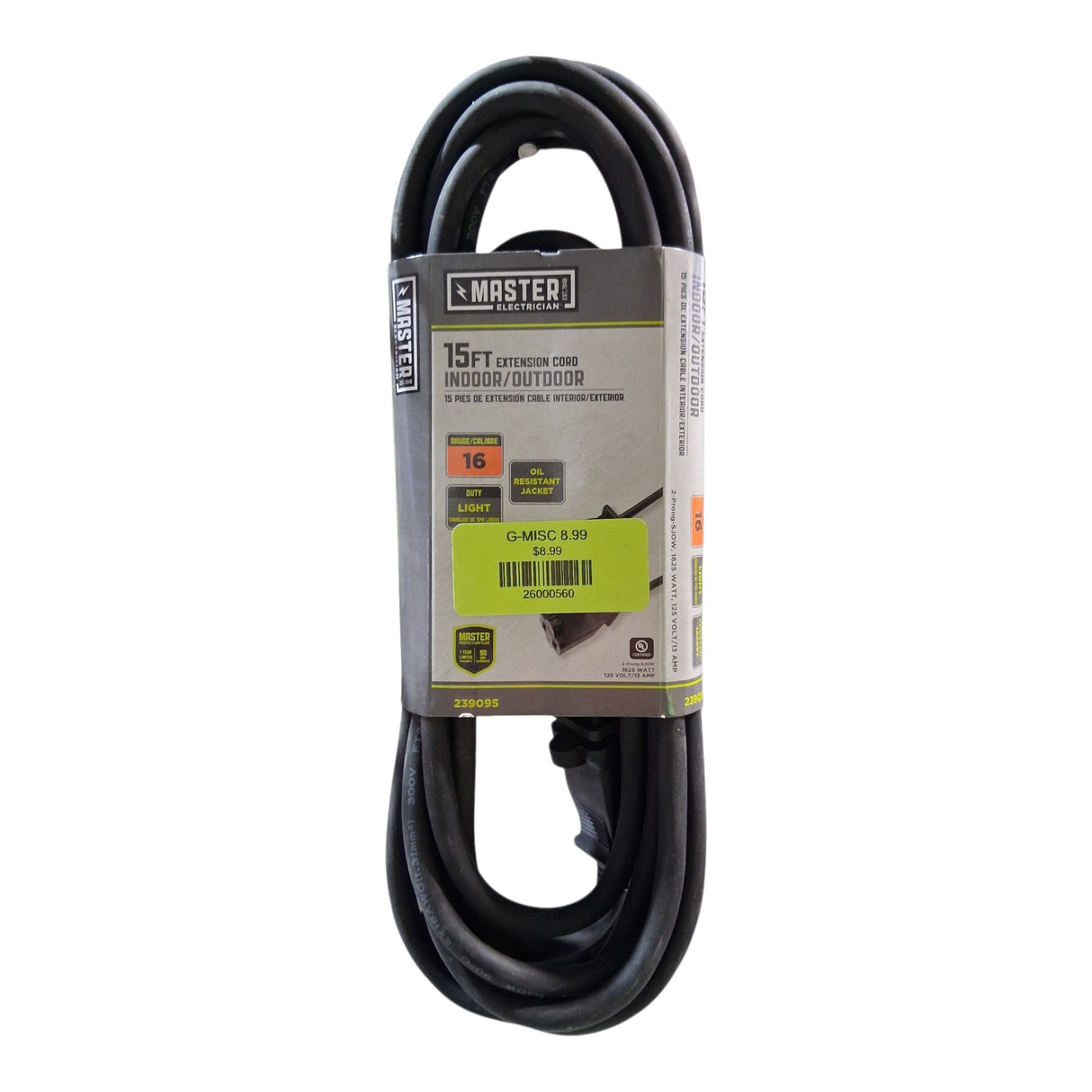 HWGB Master Electrician 02210ME 15 ft. Black Round Vinyl Extension Cord - Image 1