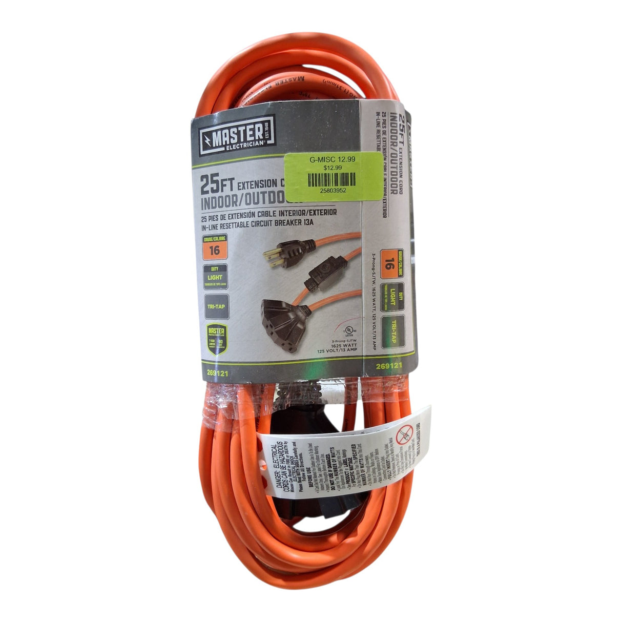 Master Electrician 02207ME 16/2 Outdoor/Indoor 25-Feet Extension Cord, Orange - Image 1