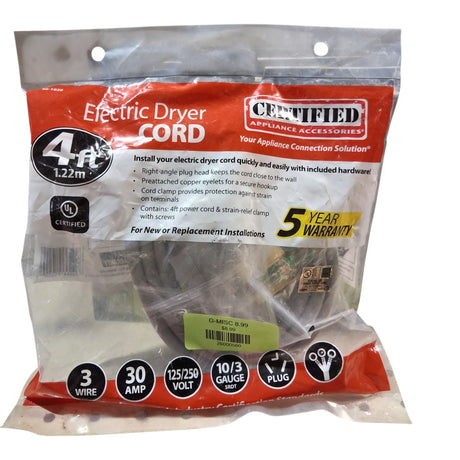 Certified Appliance Accessories 90-1020 3-Wire Closed-Eyelet 30-Amp Dryer Cord, 4ft - Image 1