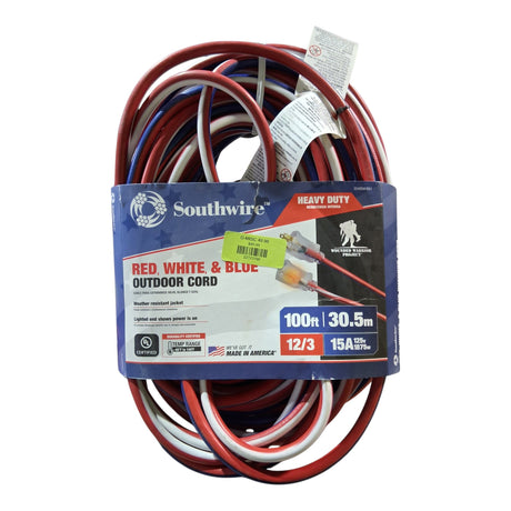 Southwire 2549SWUSA1 100-Feet, Contractor Grade, 12/3 Extension Cord, With Lighted End; Red White And Blue, American Made Extension Cord, Indoor and Outdoor Use, Water Resistant Flexible Jacket - Image 1