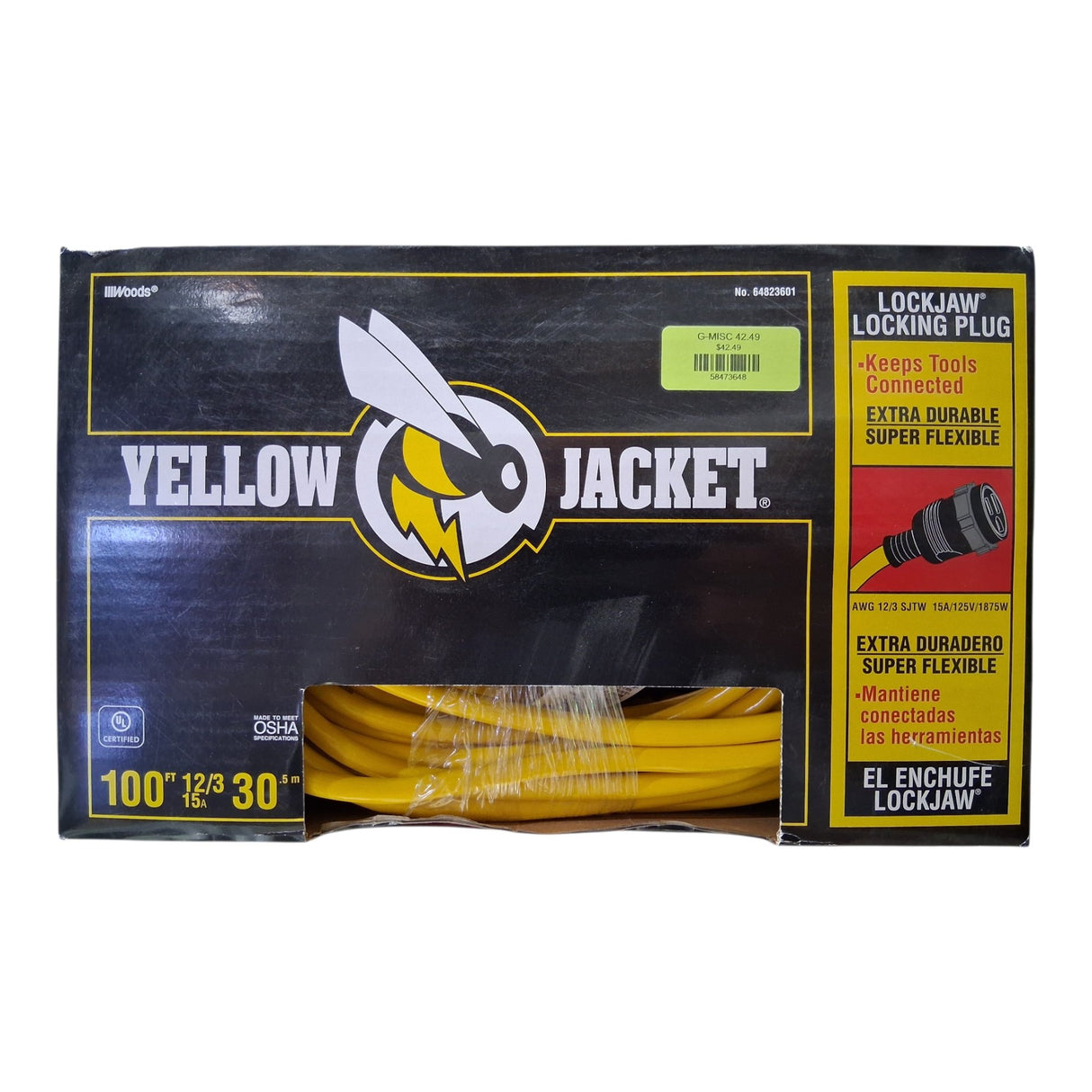 Yellow Jacket 100 ft. 12/3 SJTW Outdoor Heavy‑Duty Lock Jaw Extension Cord - Image 1