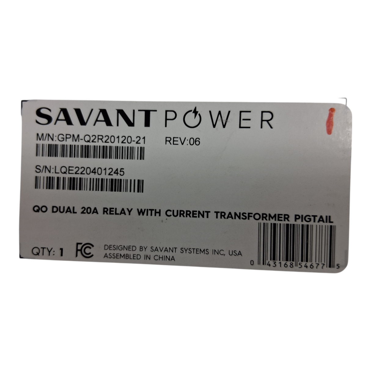 SAVANT QO DUAL 20A RELAY WITH CURRENT TRANSFORMER PIGTAIL - Image 1