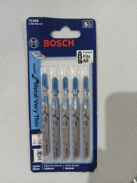 Bosch T118G 5-Piece 3-5/8 In. 36 TPI Basic for Metal T-Shank Jig Saw Blades - Image 1